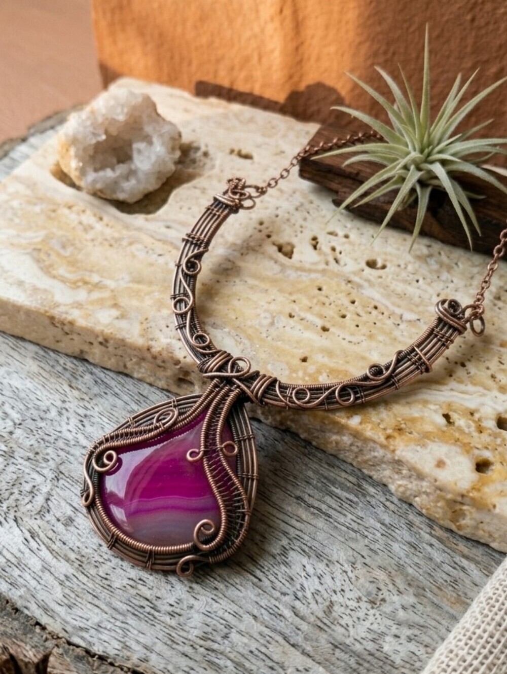 Copper Wire Wrapped Genuine Pink Agate Bohemian Statement Collar Necklace OOAK